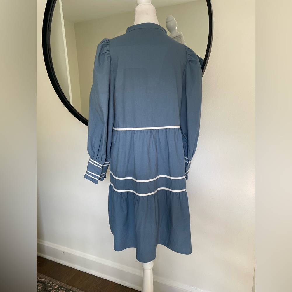 Pomander Place Blue Long Sleeve Tiered V-Neck Dress with White Trim - Picture 9 of 10